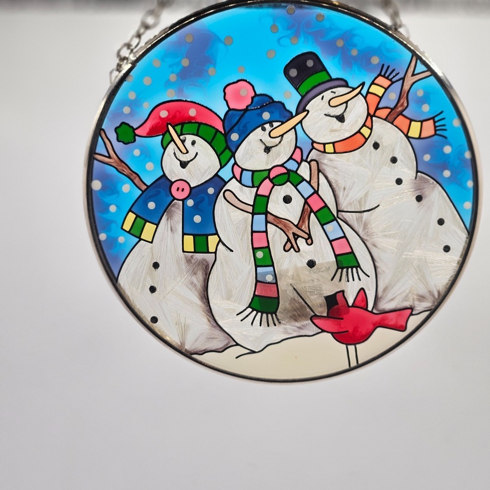 VTG Joan Baker Hand Painted Glass‎ Suncatcher Snowman Winter Hanging Decor 4"